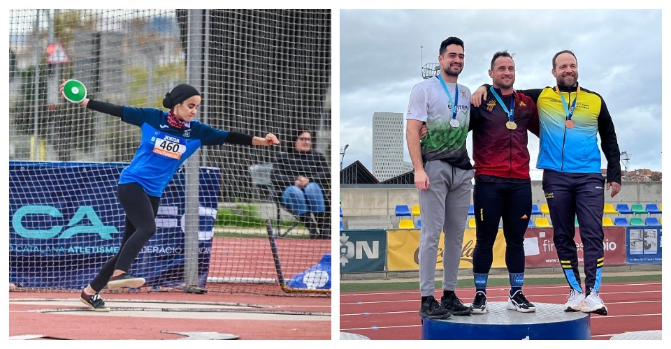 Zaynab Nouali al llançament de disc. Foto FCA i Podi masculí absolut de martell. Foto FCA