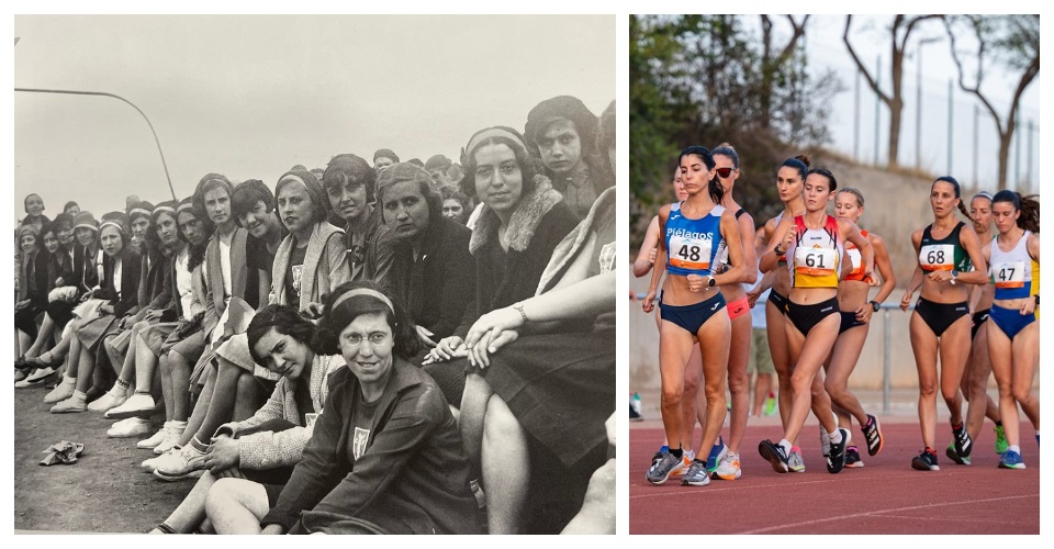 Les atletes participants al festival de 1930 a L'Hospitalet de Llobregat i Prova de marxa del darrer campionat català. Foto Alicia Pou
