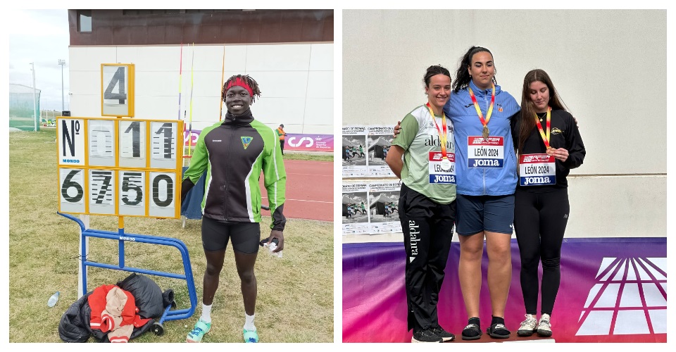 Hailu Estrampes amb la marca que li dona l'or. Foto FCA i Daniela Fernàndez i Maria Vallès al podi de disc. Foto FCA