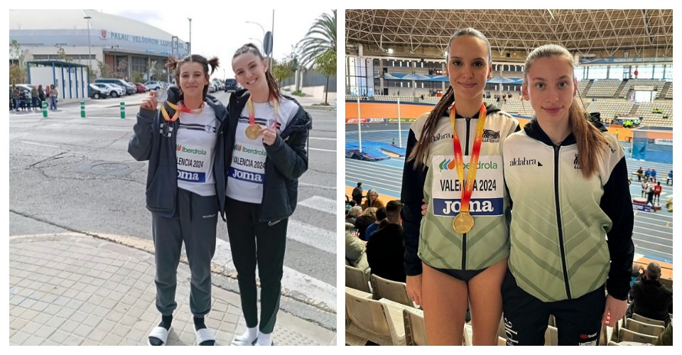 Alba Benito i Mar Páez amb les medalles a la perxa. Foto CA Laietania i Jana Queralt amb la medalla d'or dels 60 mt. Foto FCA