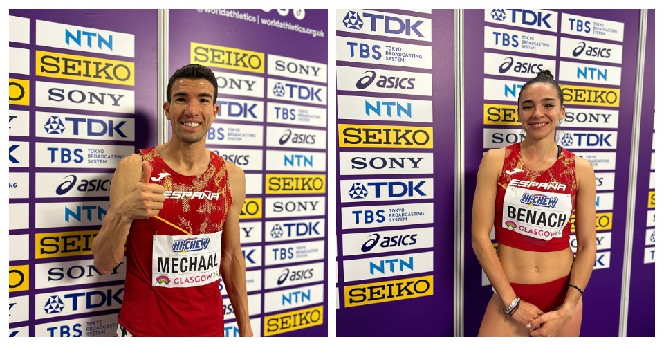 Adel Mechaal després de la final de 1.500 m. Foto REFA i Xènia Benach contenta després dels 60 mt. Foto RFEA