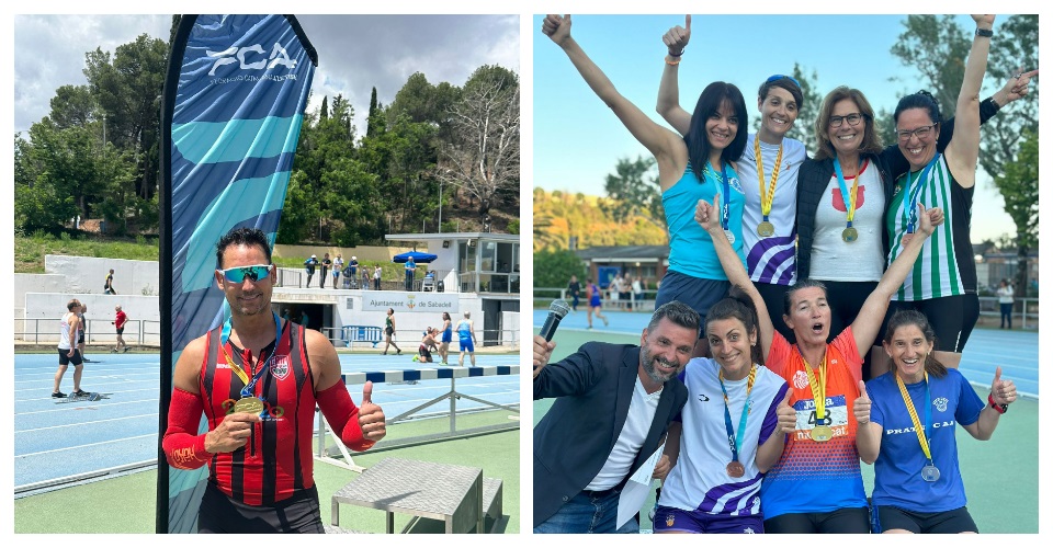 Xavi Bosch com a rècord d'Espanya. Foto FCA i Grup de medallistes amb l'speaker Àlex Parreño. Foto FCA